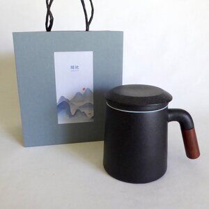 NEW WHENTEA BRAND BLACK GRANITE LIDDED TEA CUP MUG & STRAINER SET